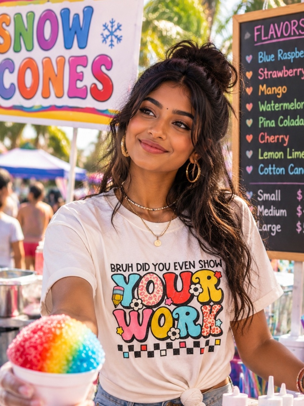 SHEIN White Graphic Knot-Front Tee with Multicolor 'Your Work' Print